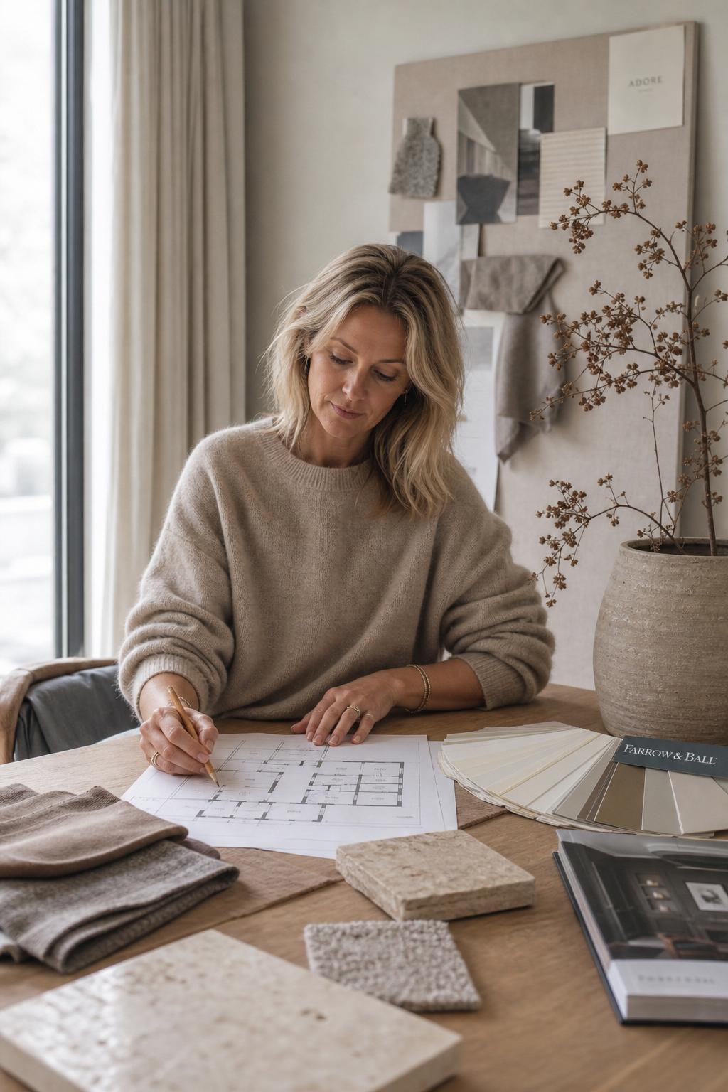 Interieurontwerper aan het werk met bouwtekeningen en stalen