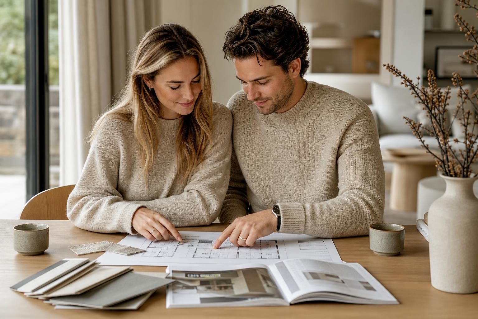 Gezin bekijkt samen woningplattegrond en kleurstalen